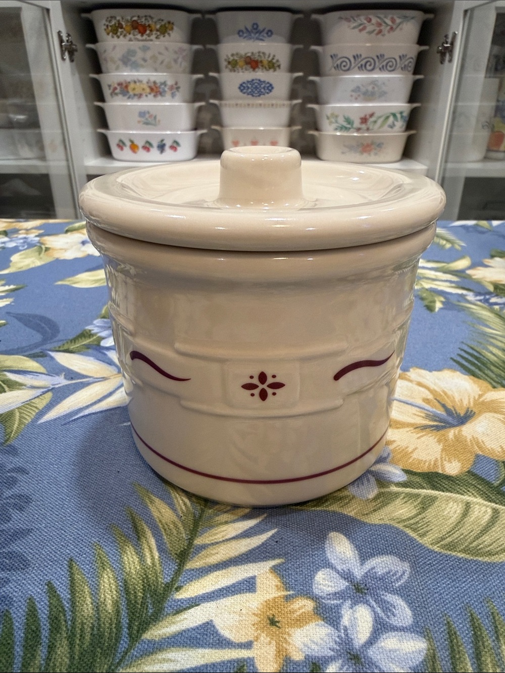 Longaberger Cream Ceramic Lidded Crock with Burgundy Accents